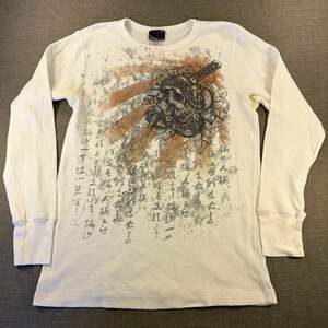 Y2K Miami Ink Men’s L White Waffle Knit Long Sleeve Skull Graphic Print Tee